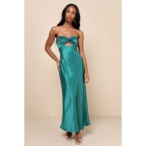 So Rare Emerald Green Satin Strapless Twist-Front Midi Dress